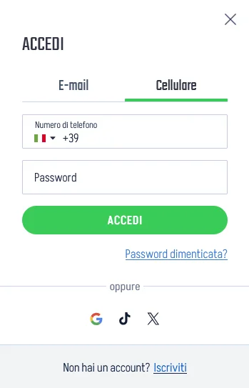 Modulo di accesso Winnita tramite numero di telefono con campo numero mobile, campo password e verifica SMS per completare l'autenticazione