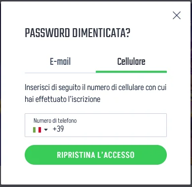 Recupero password Winnita tramite numero di telefono con codice SMS a sei cifre, validità 10 minuti e modulo per impostare la nuova password