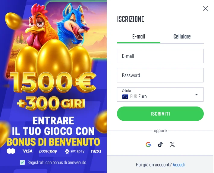 Modulo di iscrizione Winnita con campi per email, password, nome, data di nascita e caricamento documento d'identità per la verifica KYC