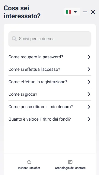 Pannello assistenza Winnita con live chat disponibile 24 ore su 24, email e modulo di feedback con tempi di risposta dichiarati tra 2 e 5 minuti